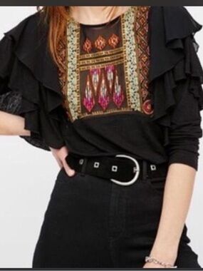 Free People La Cienga Tiered Ruffle Embroidered Blouse-Black-Size S Black